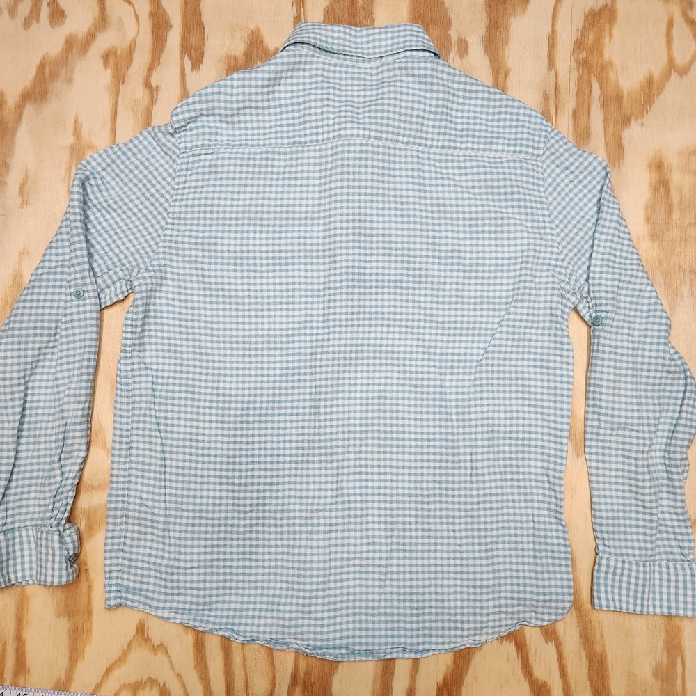 Magaschoni Mens L Blue Check Button Up Long Sleeve Shirt Linen Blend Roll Sleeve - Picture 3 of 7